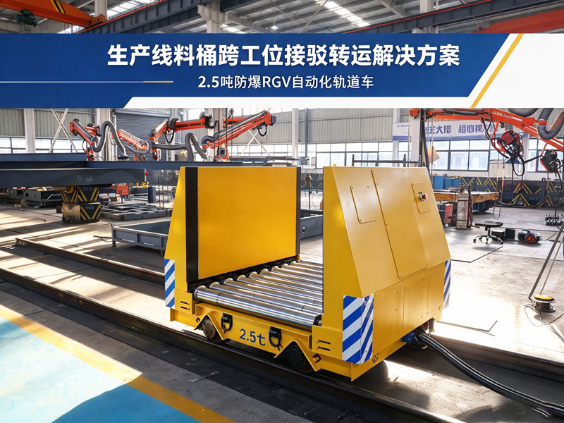 2.5吨防爆RGV自动化轨道车｜生产线料桶跨工位接驳转运解决方案